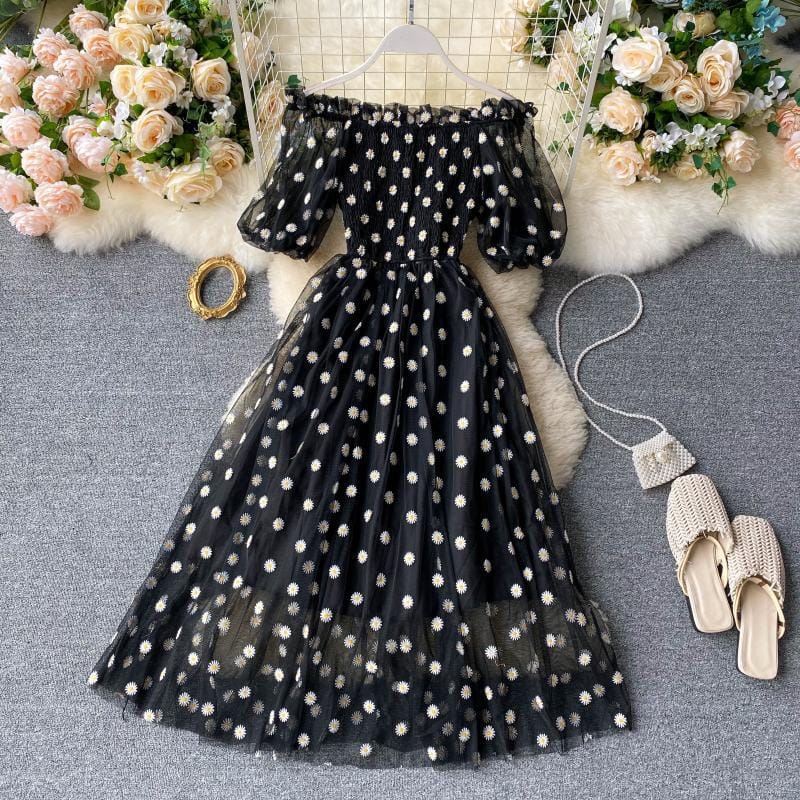 Elegant Daisy Embroidered Mesh Dress for Women – Off-Shoulder Puff Sleeve Summer Maxi Dress