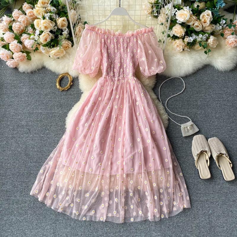 Elegant Daisy Embroidered Mesh Dress for Women – Off-Shoulder Puff Sleeve Summer Maxi Dress