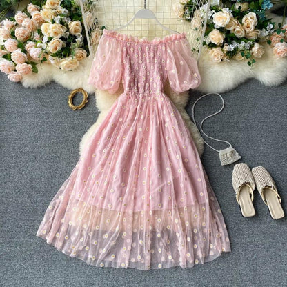 Elegant Daisy Embroidered Mesh Dress for Women – Off-Shoulder Puff Sleeve Summer Maxi Dress