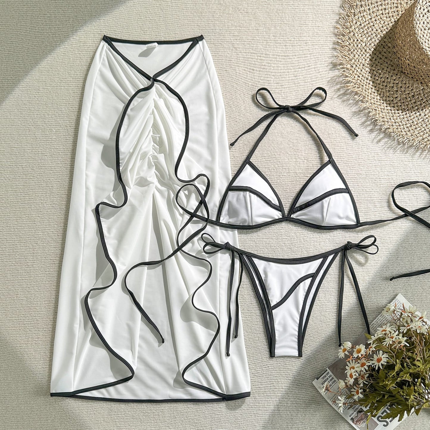 Women’s 3-Piece Swimsuit Set – Solid Color Bikini with Long Skirt, Beach Vacation Swimwear