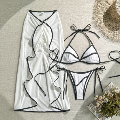 Women’s 3-Piece Swimsuit Set – Solid Color Bikini with Long Skirt, Beach Vacation Swimwear