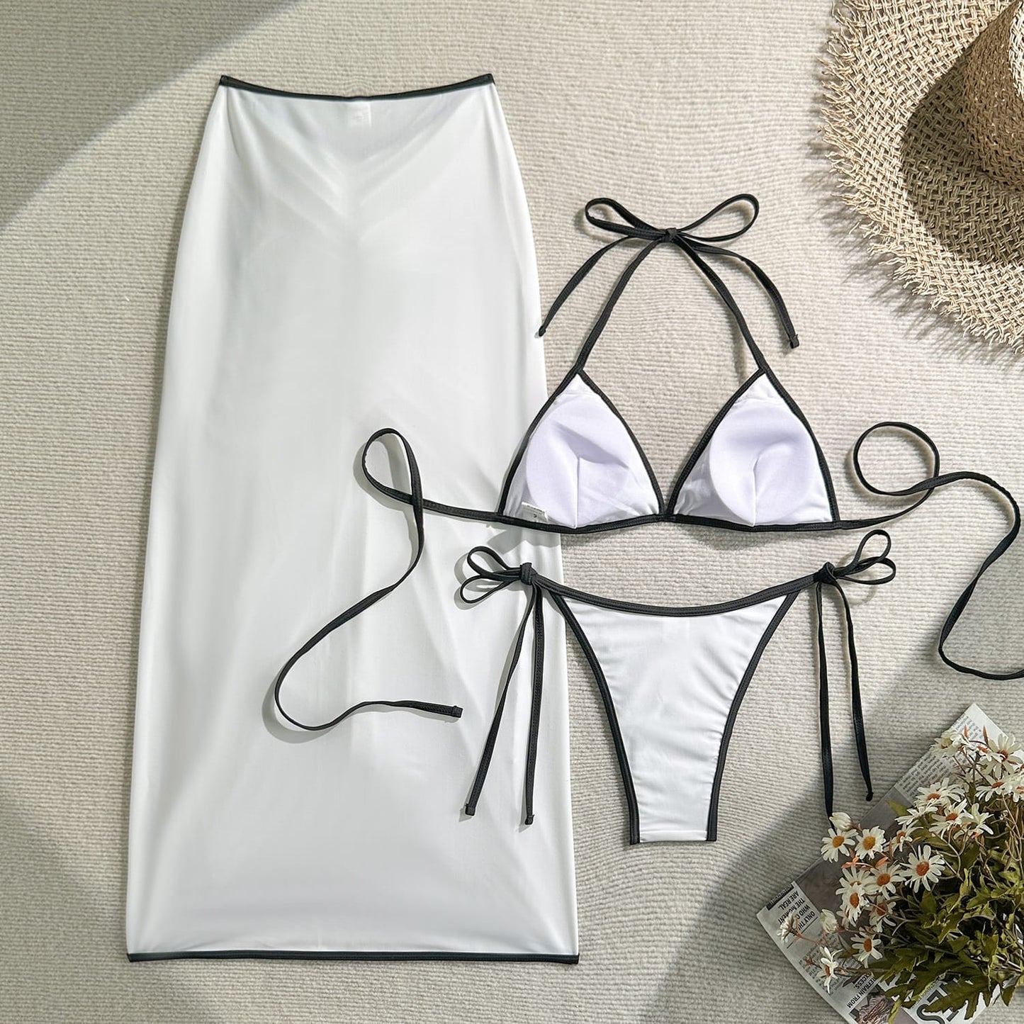 Women’s 3-Piece Swimsuit Set – Solid Color Bikini with Long Skirt, Beach Vacation Swimwear