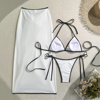 Women’s 3-Piece Swimsuit Set – Solid Color Bikini with Long Skirt, Beach Vacation Swimwear