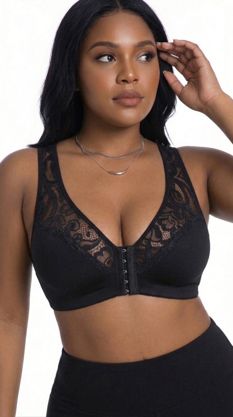 Plus Size 3/4 Cup Lace Front-Clasp Bra for Women – Wire-Free Seamless Push-Up Vest Bra