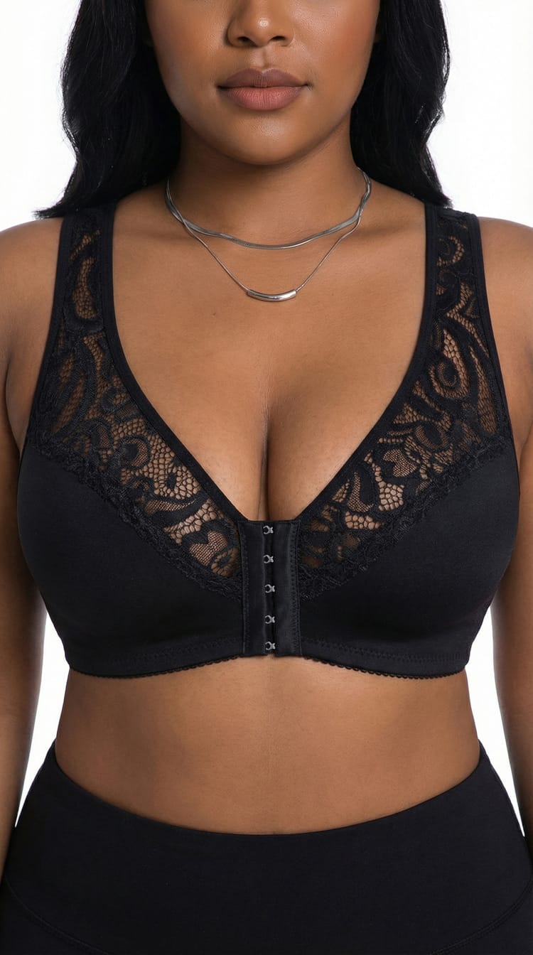 Plus Size 3/4 Cup Lace Front-Clasp Bra for Women – Wire-Free Seamless Push-Up Vest Bra