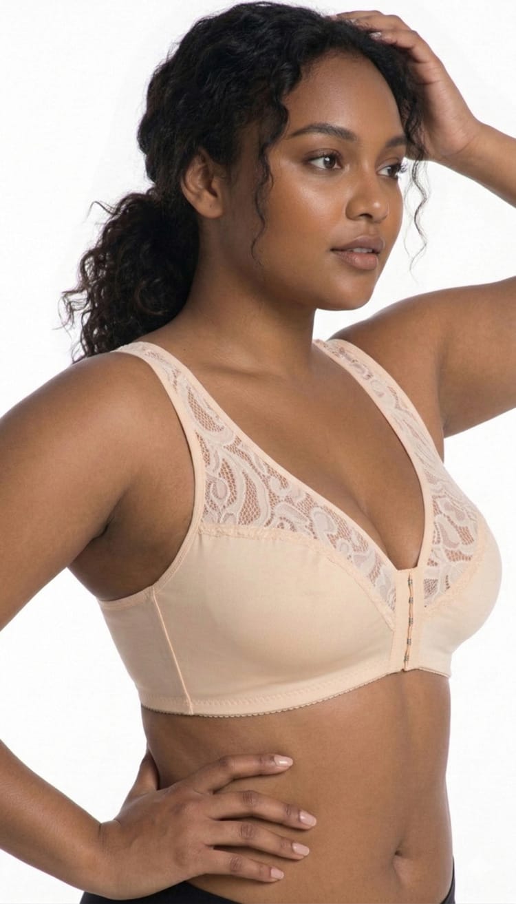 Plus Size 3/4 Cup Lace Front-Clasp Bra for Women – Wire-Free Seamless Push-Up Vest Bra