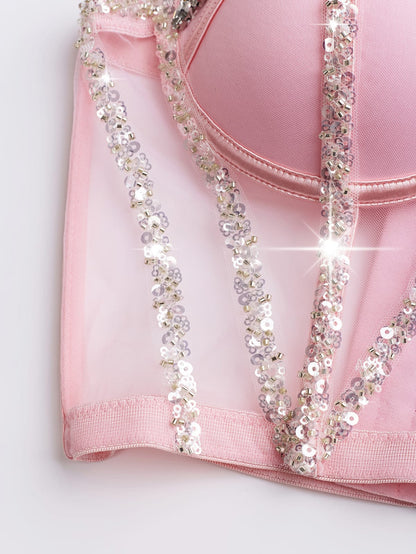 Rhinestone Sequined Camisole Top for Women – Sparkly Slim Fit Crop Bra Style Party Wear