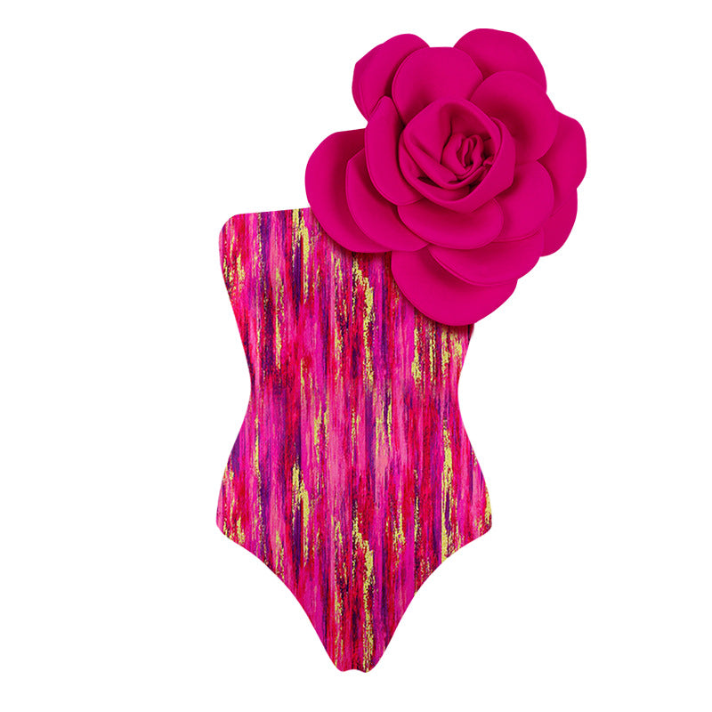 Women's One-Shoulder Floral Swimsuit Set – Luxury 3D Flower Beach Swimwear with Wrap Skirt
