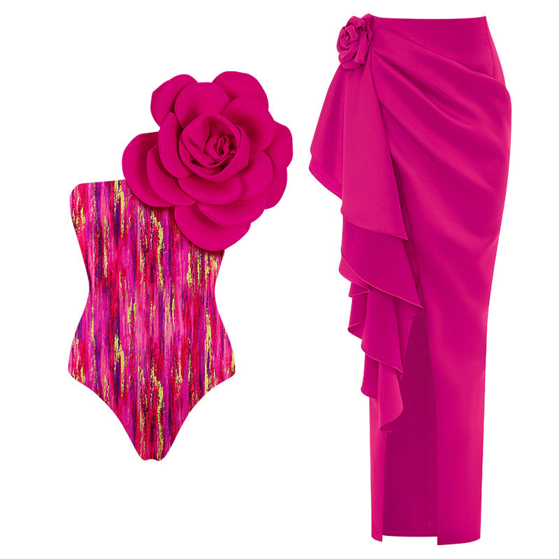 Women's One-Shoulder Floral Swimsuit Set – Luxury 3D Flower Beach Swimwear with Wrap Skirt