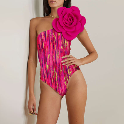Women's One-Shoulder Floral Swimsuit Set – Luxury 3D Flower Beach Swimwear with Wrap Skirt