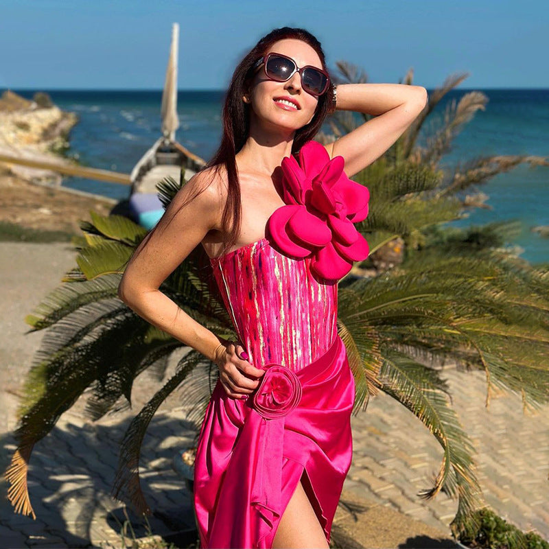 Women's One-Shoulder Floral Swimsuit Set – Luxury 3D Flower Beach Swimwear with Wrap Skirt