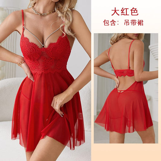 Sexy Deep V Mesh Lace Nightgown for Women – Backless See Through Babydoll Sleepwear with Chain Detail