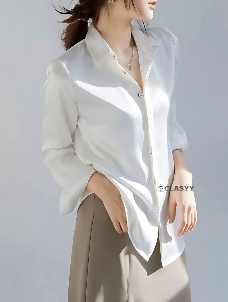 Women’s acetic satin silk shirt – lightweight, glossy, soft-touch fabric, elegant casual wear