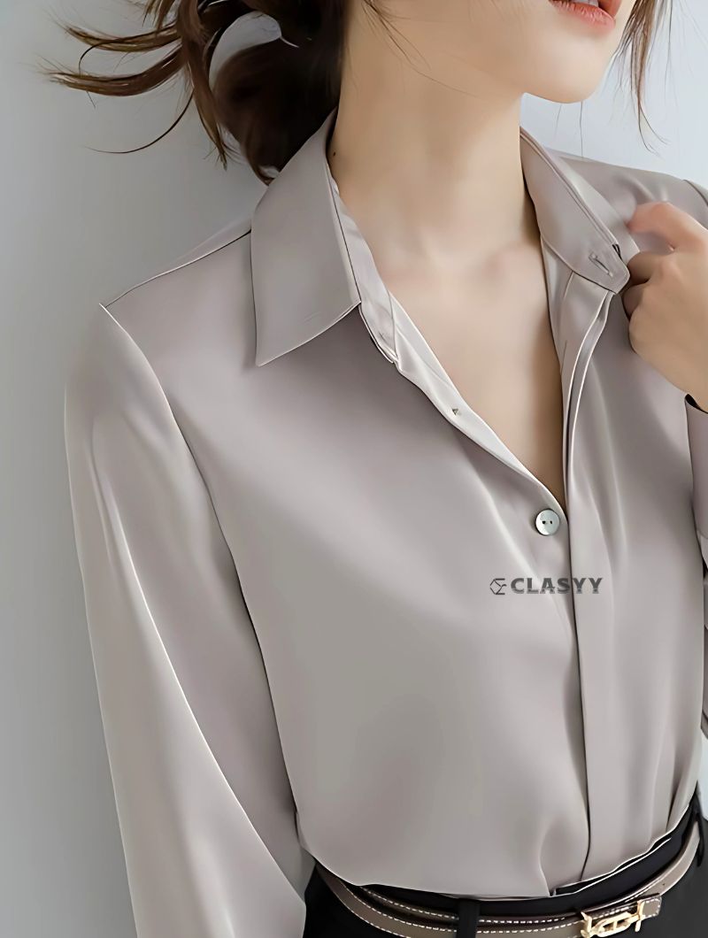 Women’s acetic satin silk shirt – lightweight, glossy, soft-touch fabric, elegant casual wear