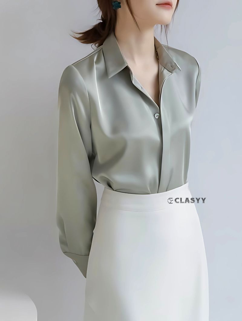 Women’s acetic satin silk shirt – lightweight, glossy, soft-touch fabric, elegant casual wear