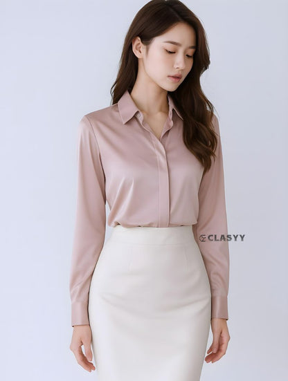 Women’s acetic satin silk shirt – lightweight, glossy, soft-touch fabric, elegant casual wear