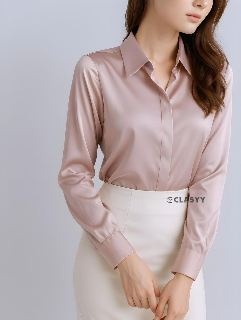 Women’s acetic satin silk shirt – lightweight, glossy, soft-touch fabric, elegant casual wear