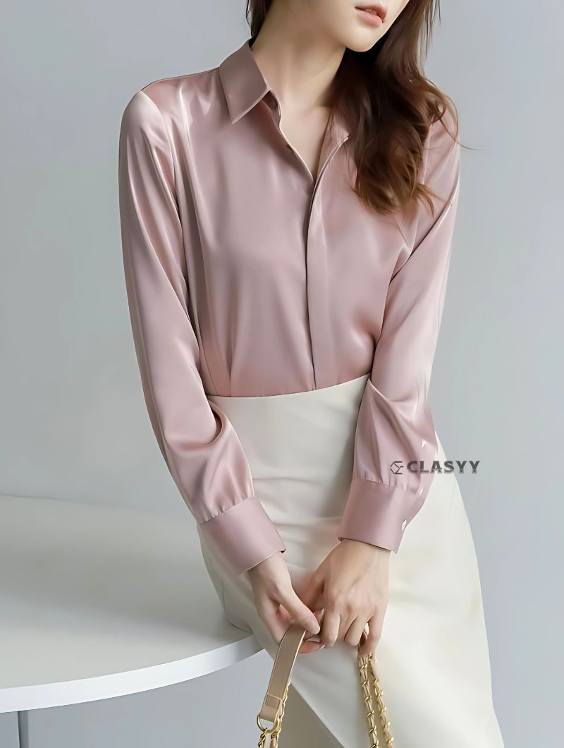 Women’s acetic satin silk shirt – lightweight, glossy, soft-touch fabric, elegant casual wear