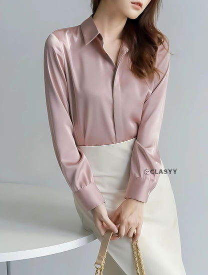 Women’s acetic satin silk shirt – lightweight, glossy, soft-touch fabric, elegant casual wear