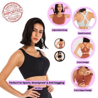 Front Zipper Sports Bra for Women – High Impact Shockproof Wireless Fitness Bra