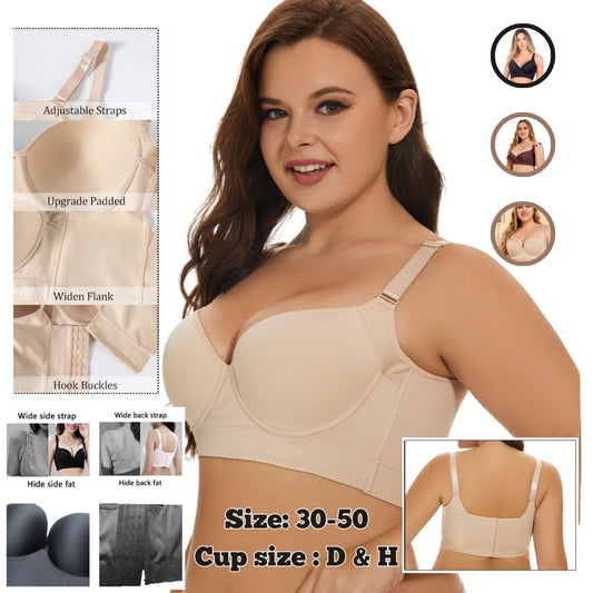 Women's Plus Size 3/4 Cup Deep V Push-Up Underwire Bra for Women | Seamless Gathered Lift Sports Back Support Bra | Anti-Sagging Large Size Bra