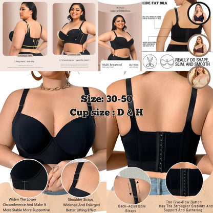 Women's Plus Size 3/4 Cup Deep V Push-Up Underwire Bra for Women | Seamless Gathered Lift Sports Back Support Bra | Anti-Sagging Large Size Bra