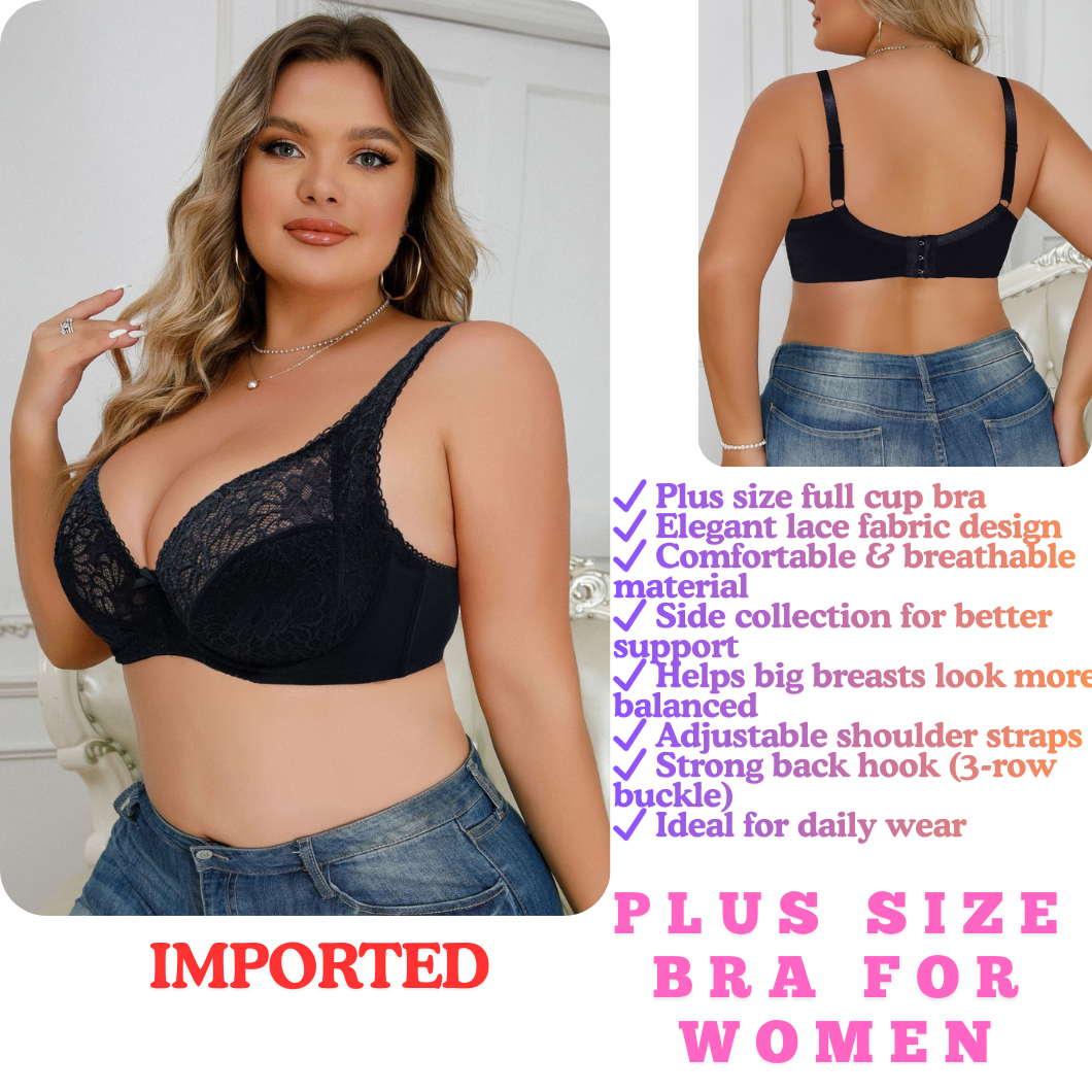 Plus Size Sexy Lace Bra for Women – Full Cup Supportive Big Size Bra, Comfortable Side Control, Adjustable Fit