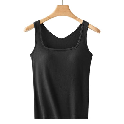 Ribbed Square Neck Camisole with Built-in Bra Pads Cotton Fabric– Plus Size Wide-Strap Vest for Women