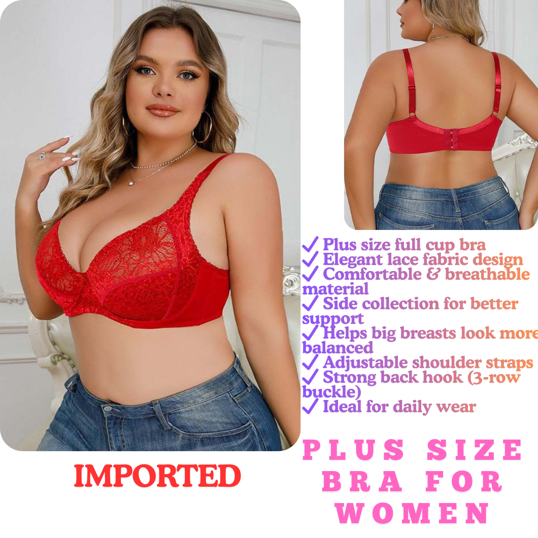 Plus Size Sexy Lace Bra for Women – Full Cup Supportive Big Size Bra, Comfortable Side Control, Adjustable Fit