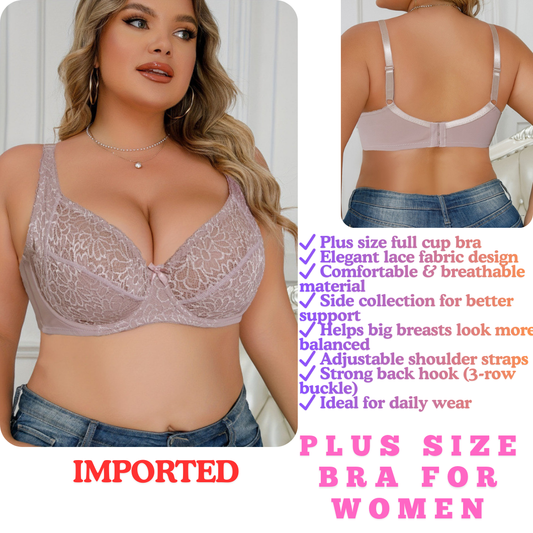 Plus Size Sexy Lace Bra for Women – Full Cup Supportive Big Size Bra, Comfortable Side Control, Adjustable Fit