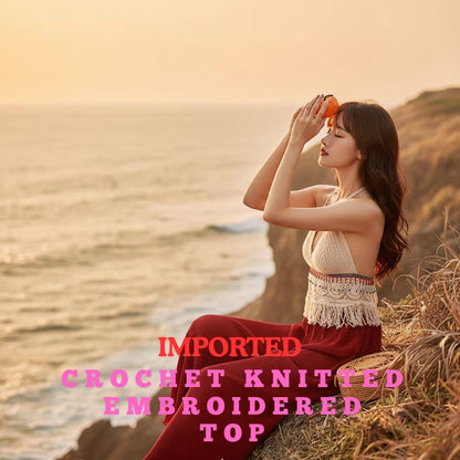 Ethnic Knit Halter Crop Top for Women – Slim Fit Ultra-Short Elegant Sling Top Apricot Color