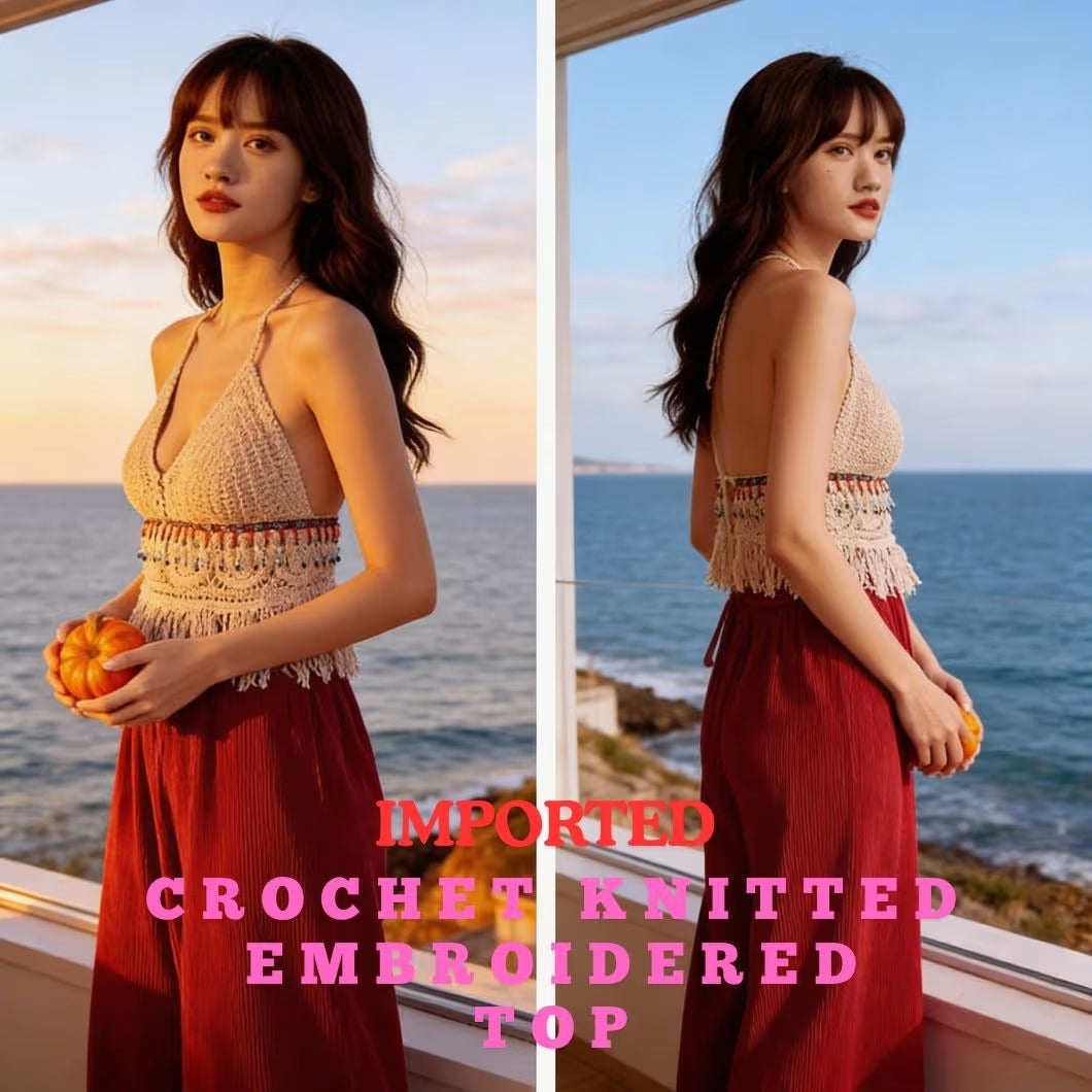 Ethnic Knit Halter Crop Top for Women – Slim Fit Ultra-Short Elegant Sling Top Apricot Color