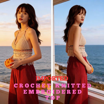 Ethnic Knit Halter Crop Top for Women – Slim Fit Ultra-Short Elegant Sling Top Apricot Color