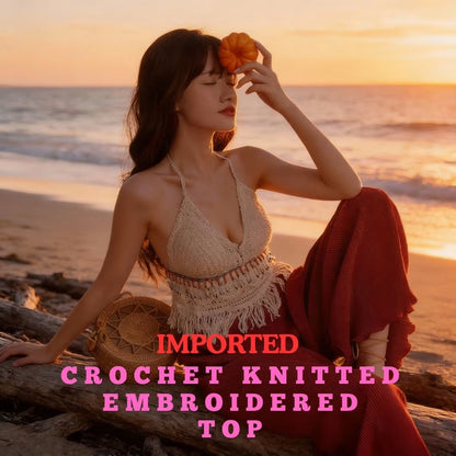 Ethnic Knit Halter Crop Top for Women – Slim Fit Ultra-Short Elegant Sling Top Apricot Color