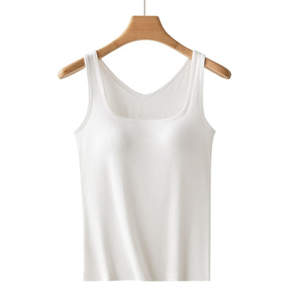 Ribbed Square Neck Camisole with Built-in Bra Pads Cotton Fabric– Plus Size Wide-Strap Vest for Women