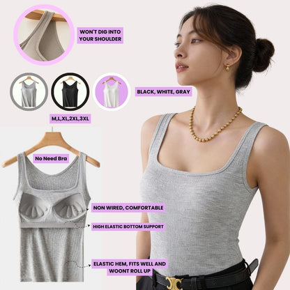 Ribbed Square Neck Camisole with Built-in Bra Pads Cotton Fabric– Plus Size Wide-Strap Vest for Women
