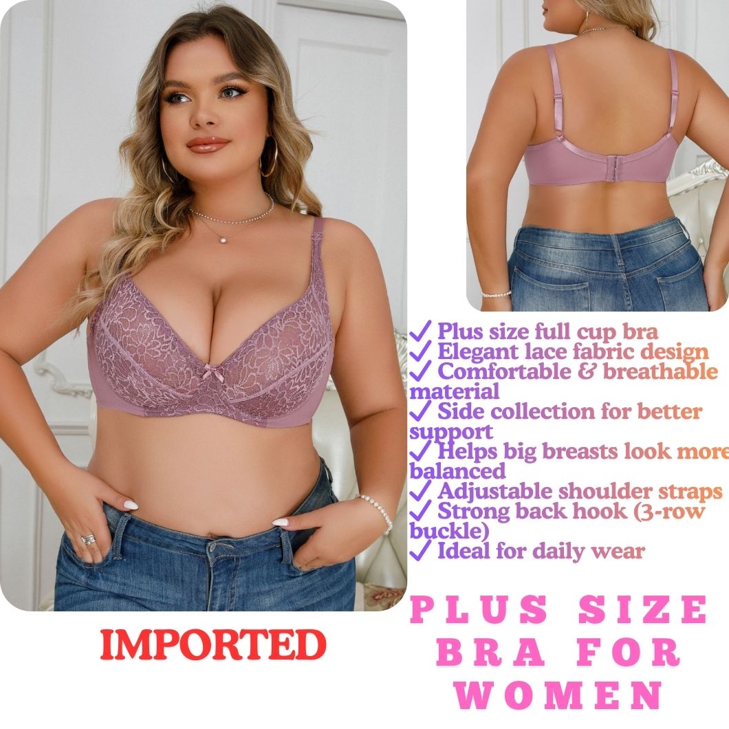 Plus Size Sexy Lace Bra for Women – Full Cup Supportive Big Size Bra, Comfortable Side Control, Adjustable Fit