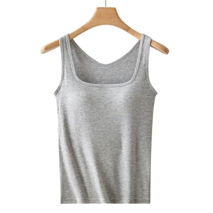 Ribbed Square Neck Camisole with Built-in Bra Pads Cotton Fabric– Plus Size Wide-Strap Vest for Women