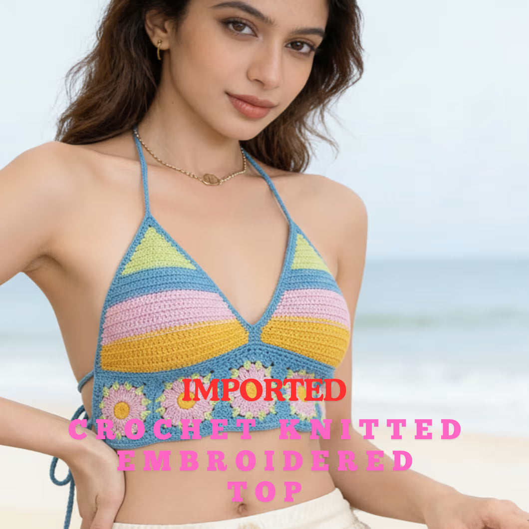 Embroidered Crochet Crop Top for Women – Hollow V-Neck Lace-Up Cotton Sling Vest