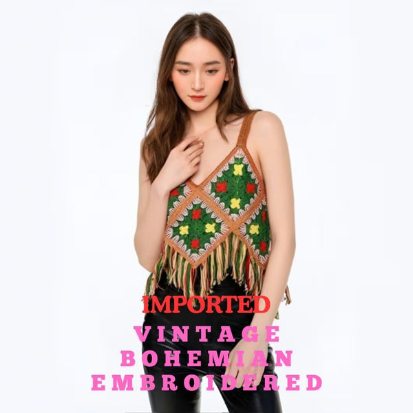 Vintage Bohemian Embroidered Tassel Camisole Top without Pad – Sweet Girly Cotton Sling Vest for Women