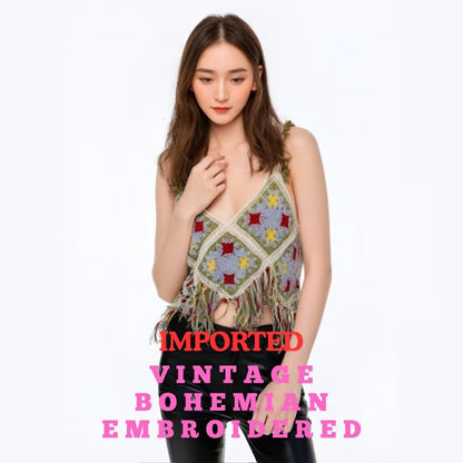 Vintage Bohemian Embroidered Tassel Camisole Top without Pad – Sweet Girly Cotton Sling Vest for Women