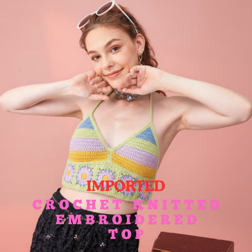 Embroidered Crochet Crop Top for Women – Hollow V-Neck Lace-Up Cotton Sling Vest