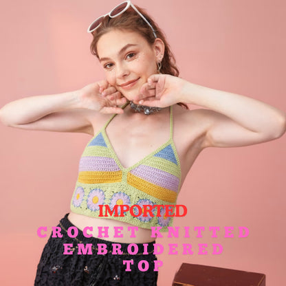 Embroidered Crochet Crop Top for Women – Hollow V-Neck Lace-Up Cotton Sling Vest