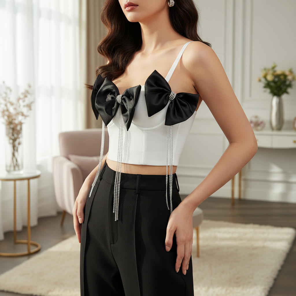 Rhinestone Corset Top for Women – Fishbone Waist Cincher with Bow & Tassel Strap Crop Top