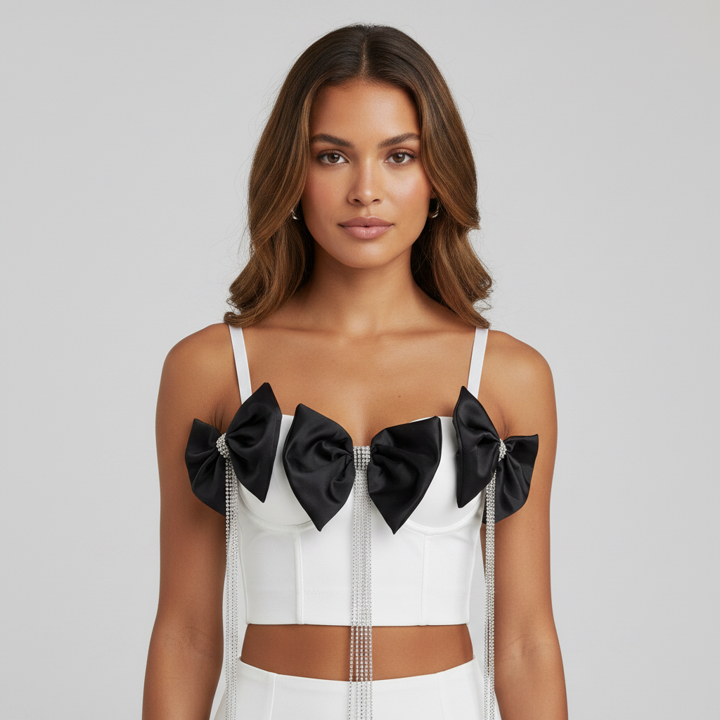 Rhinestone Corset Top for Women – Fishbone Waist Cincher with Bow & Tassel Strap Crop Top