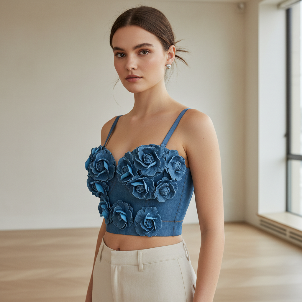 Denim Style Off-Shoulder Camisole Top for Women – Handmade Flower Slim Fit Crop Top