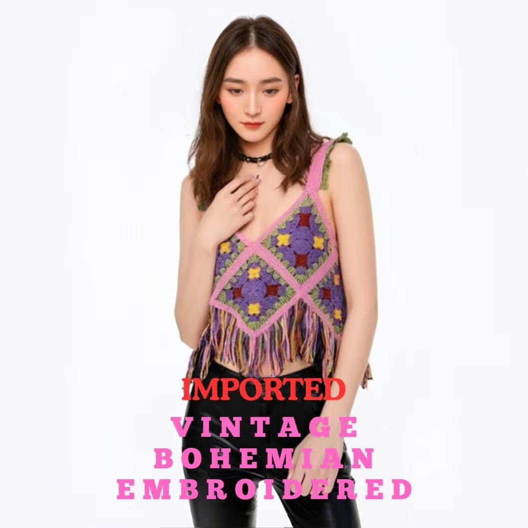 Vintage Bohemian Embroidered Tassel Camisole Top without Pad – Sweet Girly Cotton Sling Vest for Women