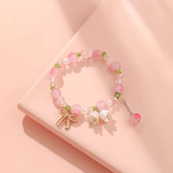 Pink Bow Lily of the Valley Bracelet – Clasyy Floral Charm Jewelry
