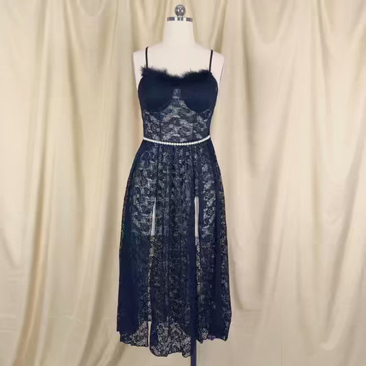 Luxury Lace Long Nightgown for Women – Pearl Waist Chain Halter Split Satin Sleepwear