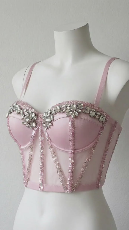Rhinestone Sequined Camisole Top for Women – Sparkly Slim Fit Crop Bra Style Party Wear